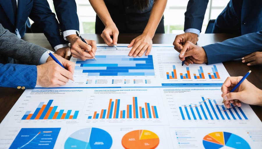 Multi-ethnic business team analyzing data projections in a modern office setting