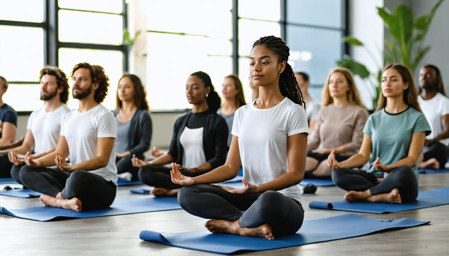 Professional office workers in business casual attire practicing yoga in a bright, modern workplace setting
