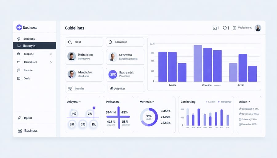 Interactive business analytics dashboard with colorful charts and KPI metrics