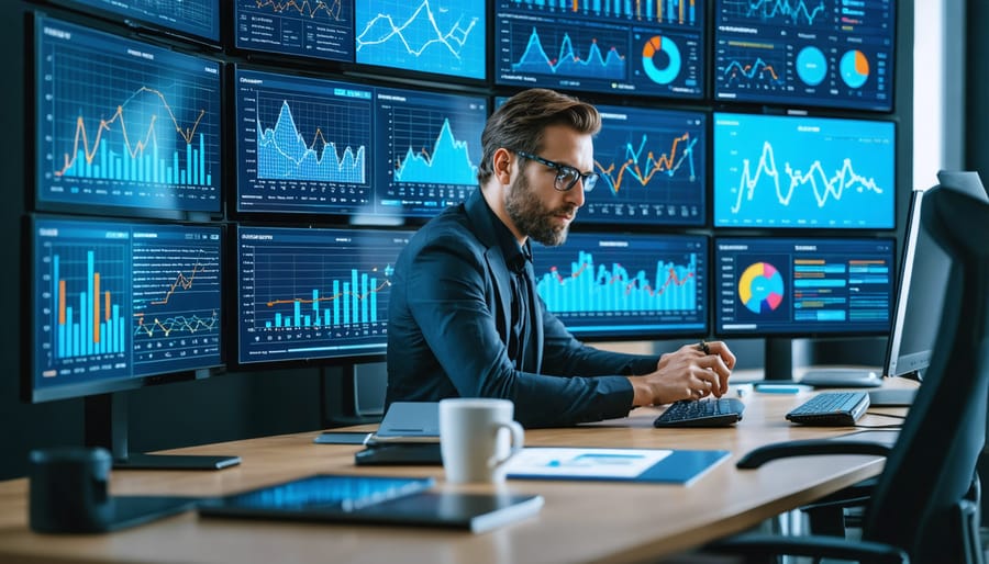 Digital marketing professional analyzing data analytics and KPIs on computer screens