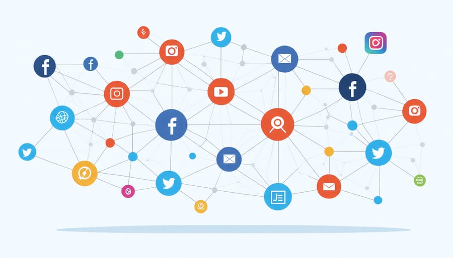 Interconnected digital marketing channels illustration showing social media, content, and SEO elements