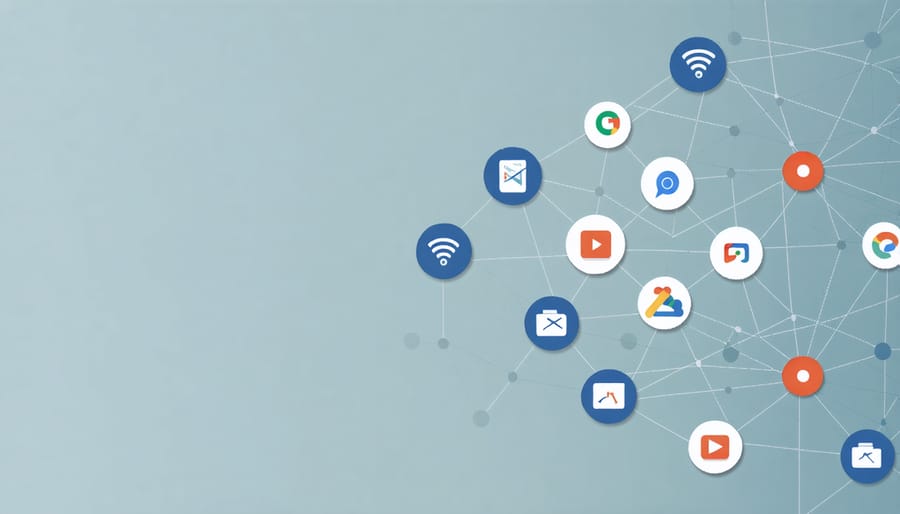 Digital network visualization with social media and professional networking platform icons