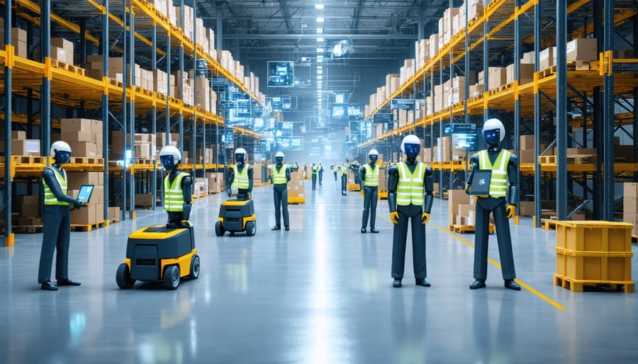 Automated warehouse facility showing integration of robotics and human workers