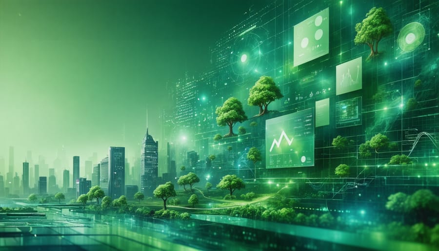 Futuristic illustration showing emerging eco-innovation technologies and market trends
