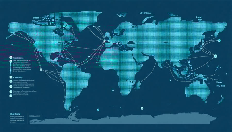 Digital map showing international shipping routes and supply chain connections from Canada