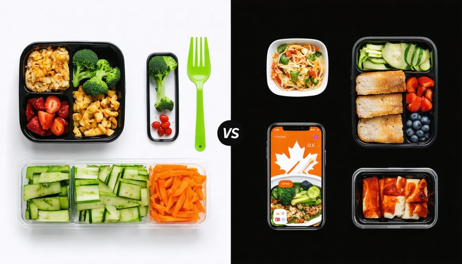 Comparison of traditional and plant-based Canadian meals alongside popular fitness tracking devices