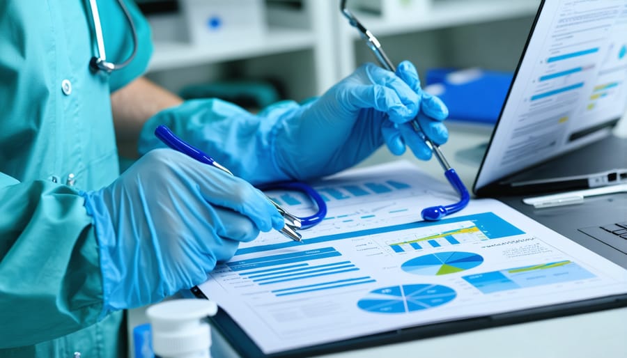 Medical staff using tablets and computers to manage healthcare compliance systems