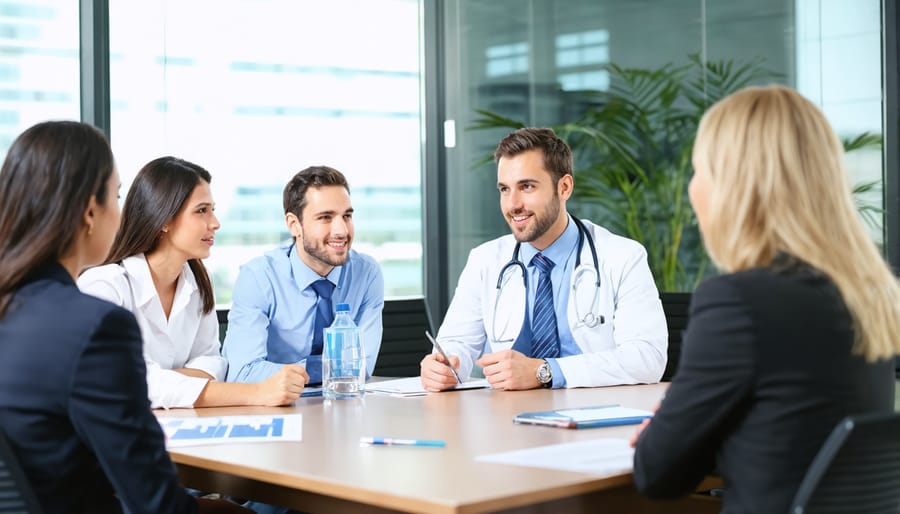 Diverse group of employees participating in healthcare regulation training workshop