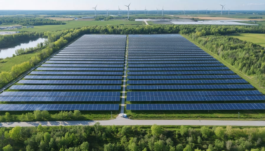 Panoramic view of solar panels and wind turbines at a Canadian renewable energy facility