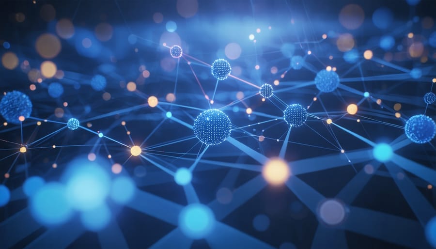 Network diagram illustrating predictive analytics data patterns and connections in investment analysis