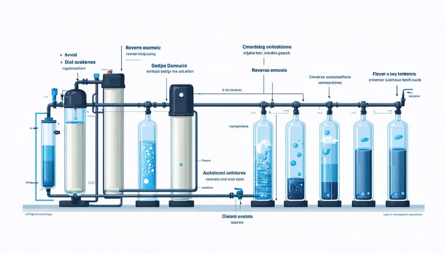 Technical illustration showing the internal components and water flow in a reverse osmosis purification system