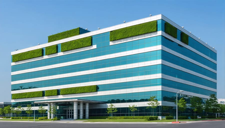 Environmentally friendly corporate headquarters with green architecture elements