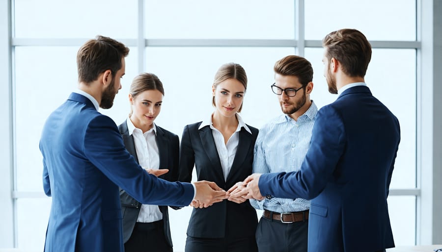Diverse group of employees collaborating on a problem-solving exercise in a modern office space