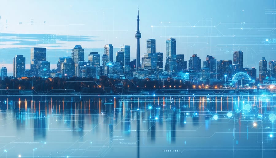 Toronto's financial district with futuristic AI visualization elements
