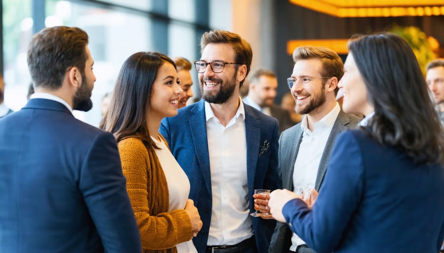 Professional entrepreneurs engaging in conversation at a Canadian startup networking event