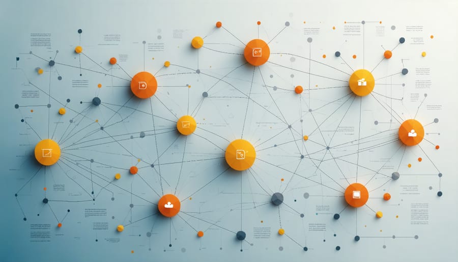 Abstract visualization of a business network with glowing connection points and pathways