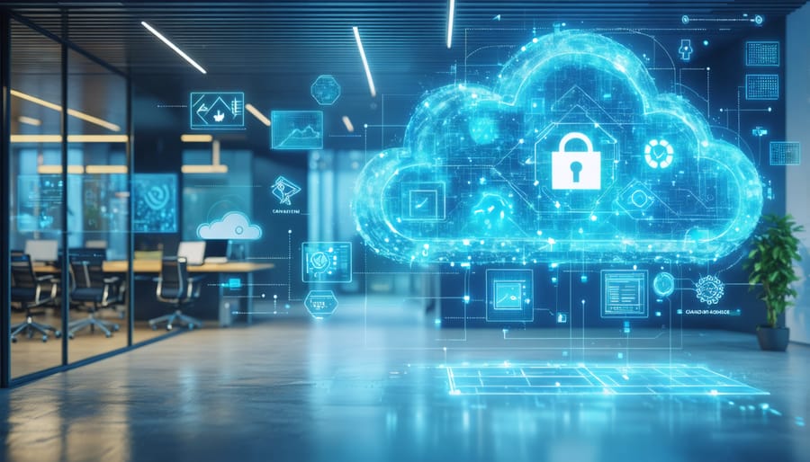 Hybrid cloud infrastructure visualization in modern Canadian office setting