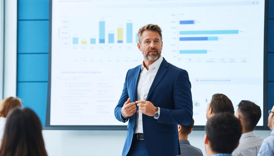 Confident Canadian business leader presenting to an audience at a professional event