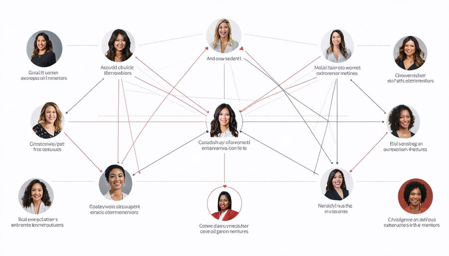 Visual representation of interconnected women's mentorship networks across Canada with statistical highlights