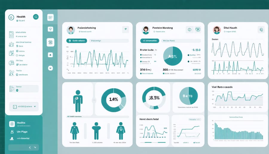 Modern medical dashboard interface displaying patient health metrics and electronic records