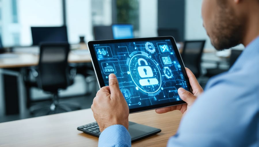 Business professional accessing secure digital identity platform on tablet device