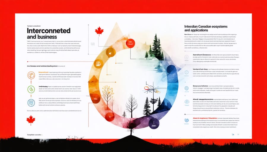 Visual diagram of Canadian forest, marine, and prairie ecosystems with connected business benefit icons