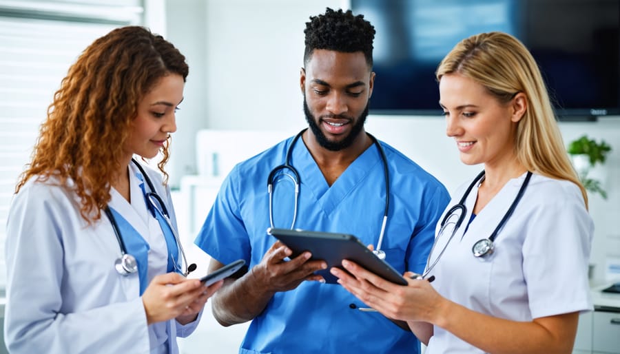 Medical professionals using tablets and digital screens during a team meeting
