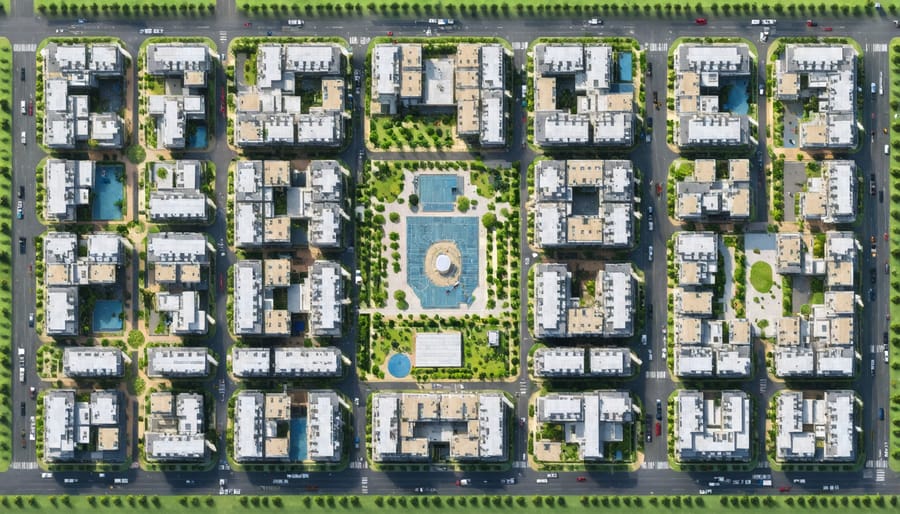 Bird's eye view of a modern mixed-use urban development with sustainable design features