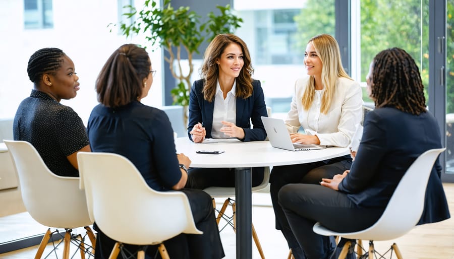 Two women in business attire engaged in a mentorship meeting, sharing ideas over coffee