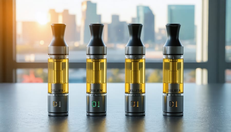 Modern Delta-9 THC vape cartridges displayed with cannabis plant material