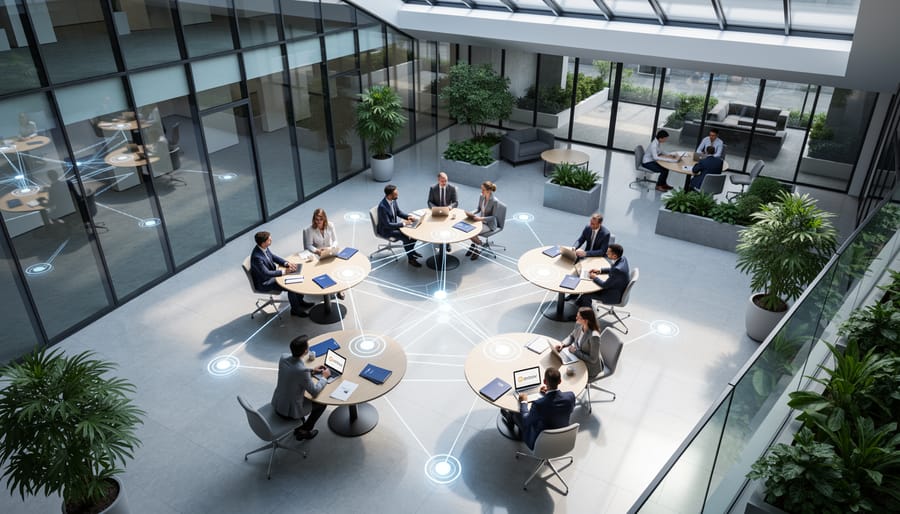 Business professionals shaking hands over desk with laptop showing network connections
