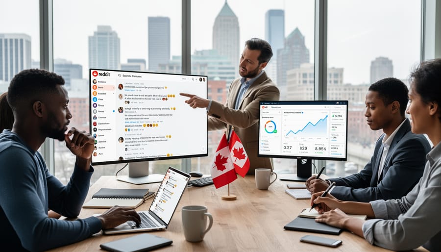 Canadian business owner working on Reddit marketing strategy at desk