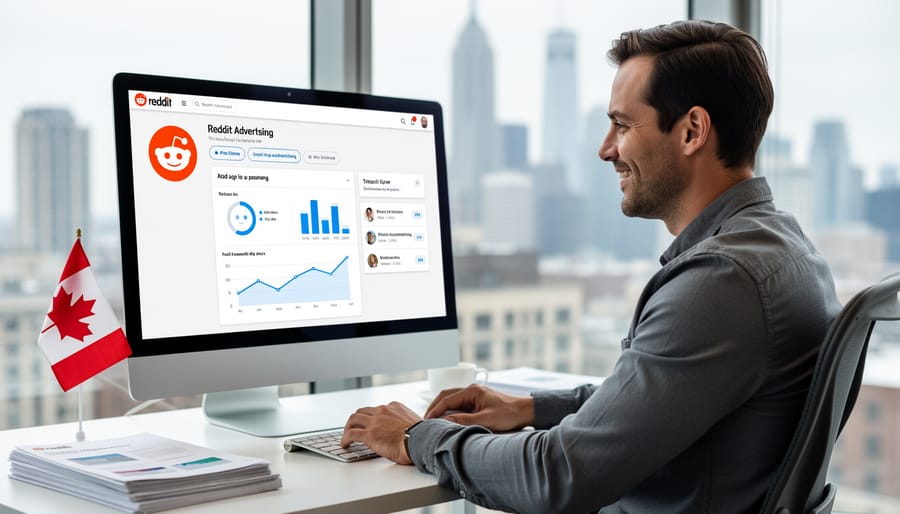 Business person reviewing Reddit advertising platform on tablet