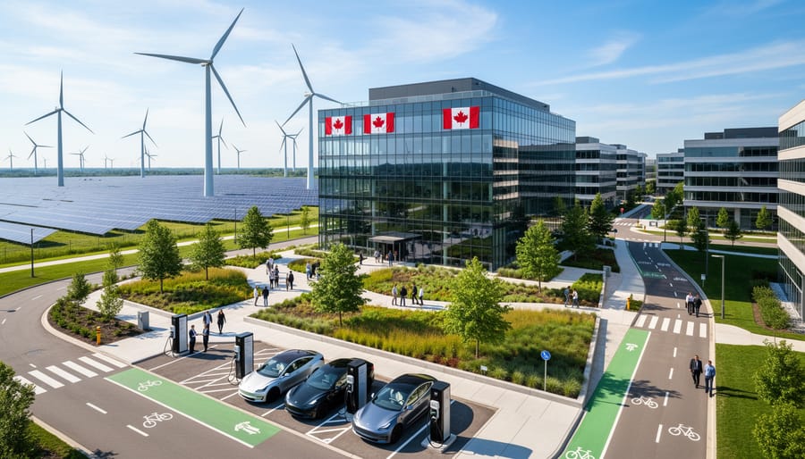 Modern Canadian business facility with rooftop solar panels and electric vehicle charging stations