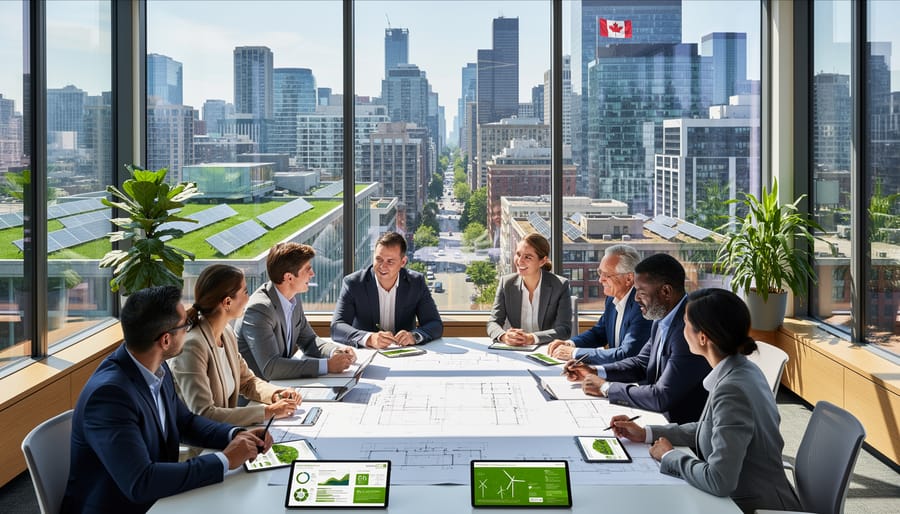 Business team meeting in sustainable office with solar panels and living green wall visible