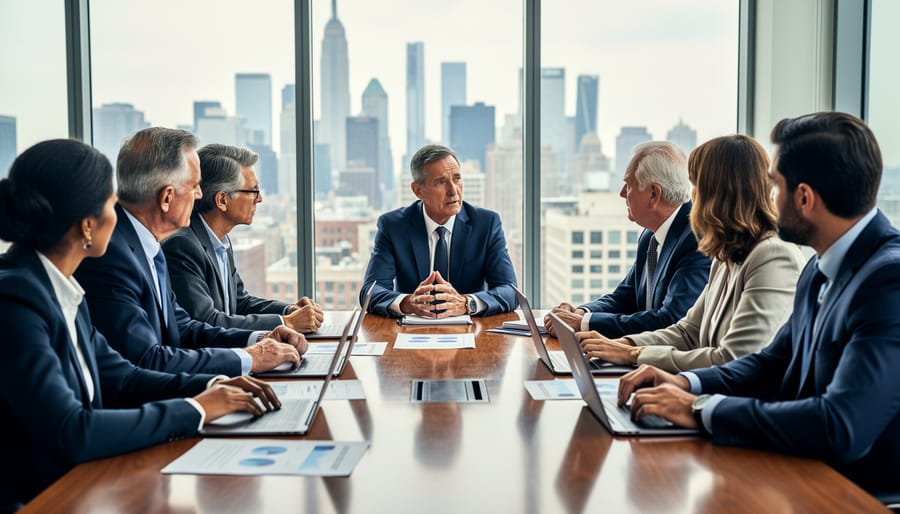 Business leaders engaged in serious discussion around boardroom table