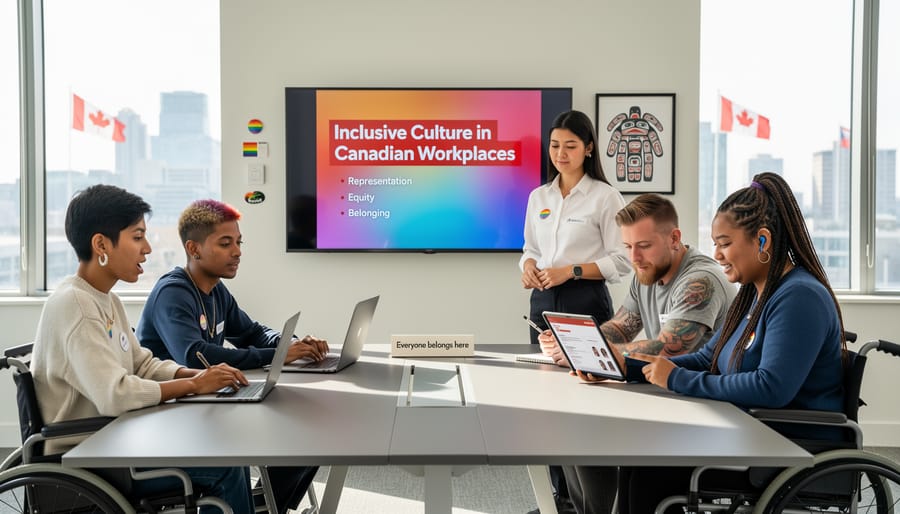 Diverse Gen Z professionals collaborating together in modern Canadian office workspace