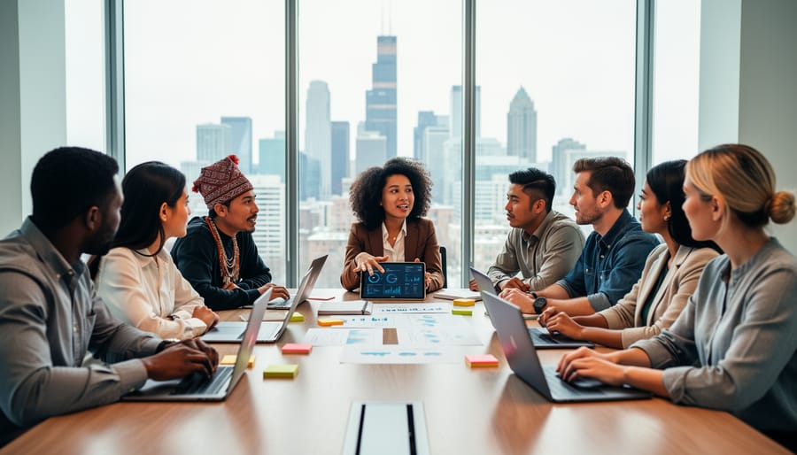 Diverse business leadership team engaged in inclusive boardroom discussion