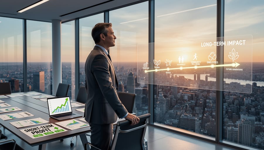 Business leader in contemplative pose looking out office window at city skyline