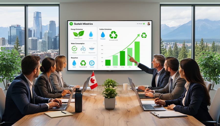 Overhead view of business person reviewing sustainability data on tablet with plants and reports on desk