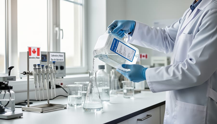 Lab technician in a clean laboratory bench setting up glassware with clear water for testing.