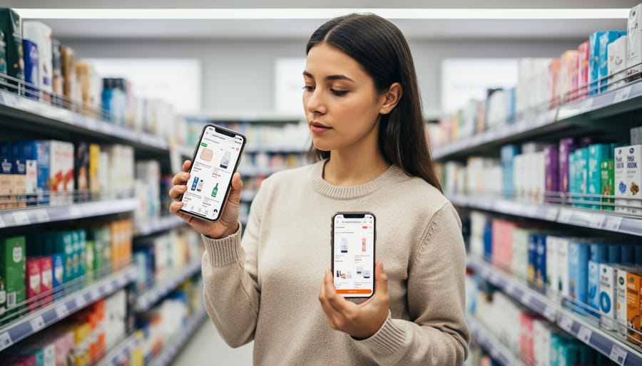 Canadian shopper holding a smartphone and reusable bag in a grocery aisle