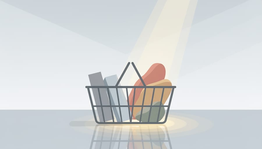 Conceptual photo of shopping items under a glass surface with a beam of light