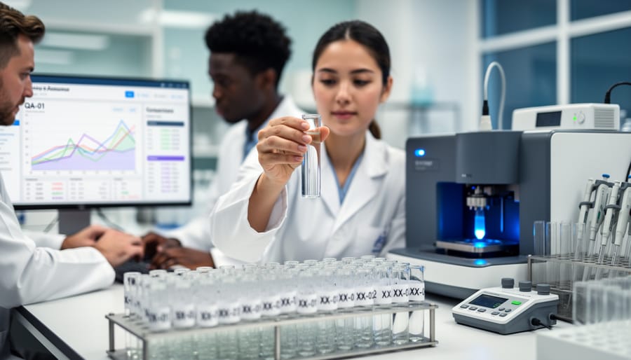 Quality assurance professional holding a clean water sampling bottle in a laboratory setting.