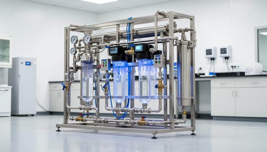 Stainless-steel laboratory water purification system with connected tubing in a clinical setting.