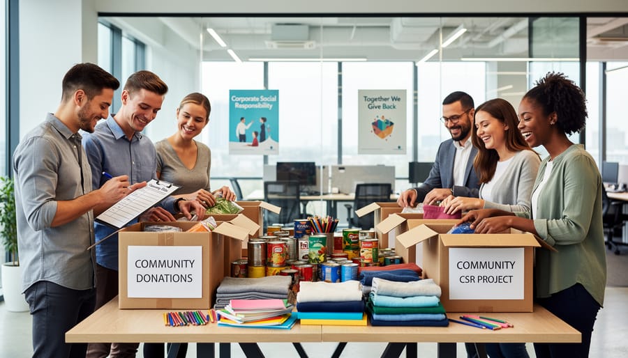 A diverse group of employees putting together donated care packages in a community center