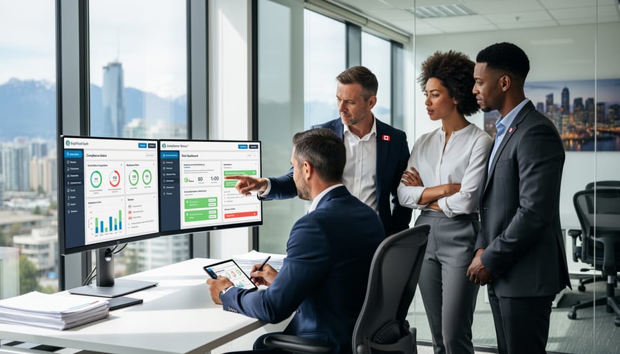 Business professional discussing compliance work in a modern office with computers and city skyline in the background.