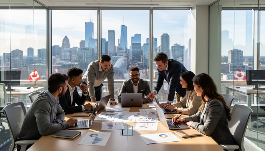 Business team collaborating in a modern Canadian office with a city skyline view