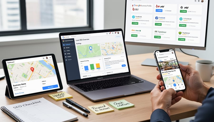 Canadian business owner reviewing local SEO planning on a laptop and smartphone at a desk.