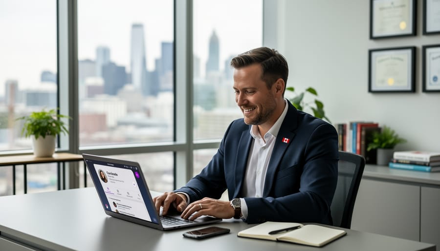 Canadian entrepreneur working in a co-working space with a laptop and phone during profile building.